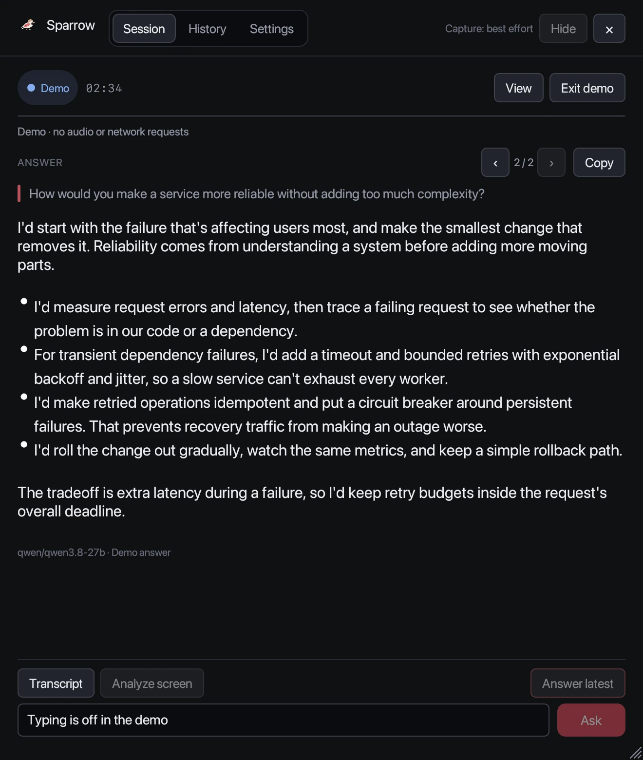 Sparrow showing a question about reliability and a first-person answer with bullet points