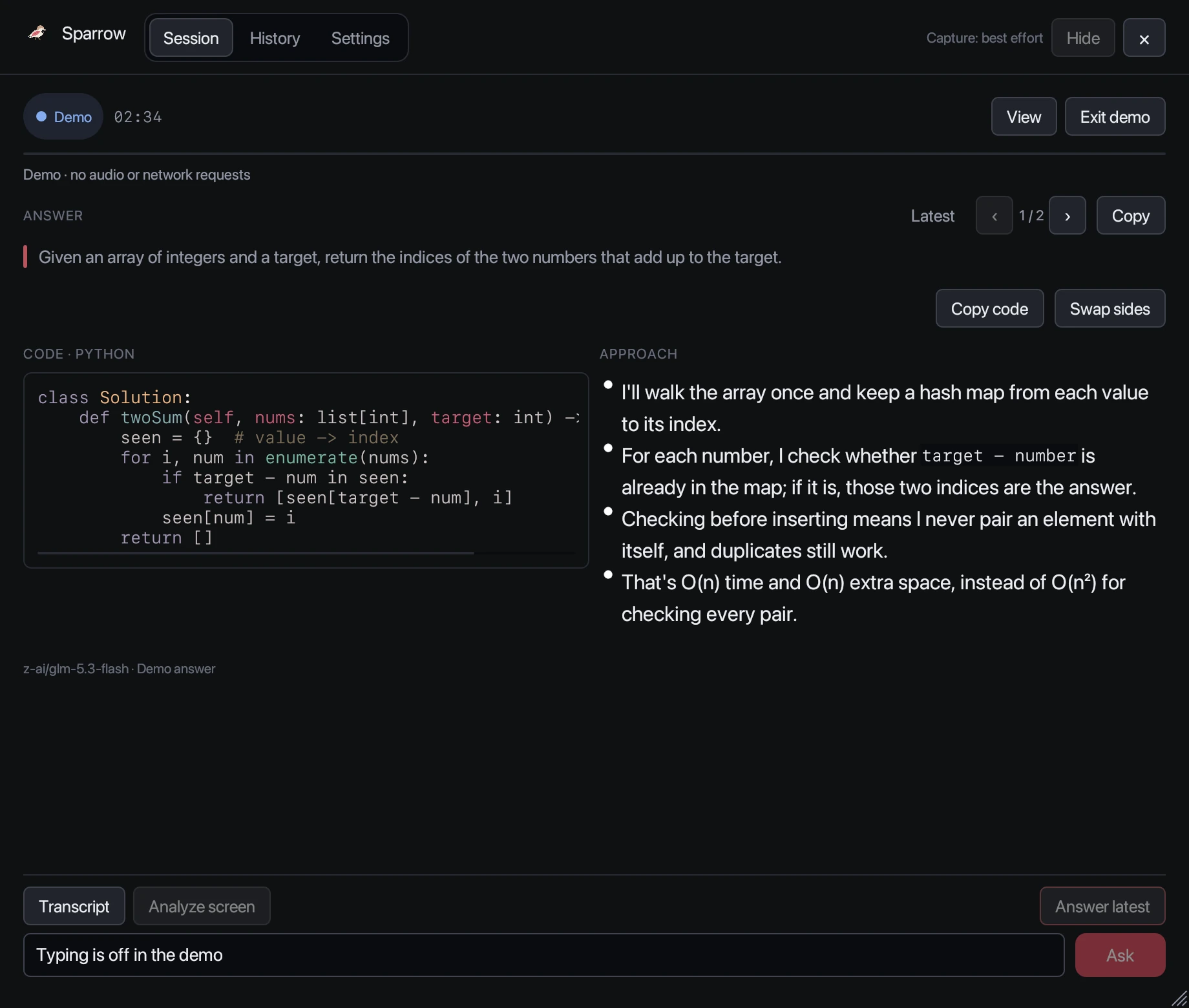 Sparrow coding answer with Python code and the approach explained side by side