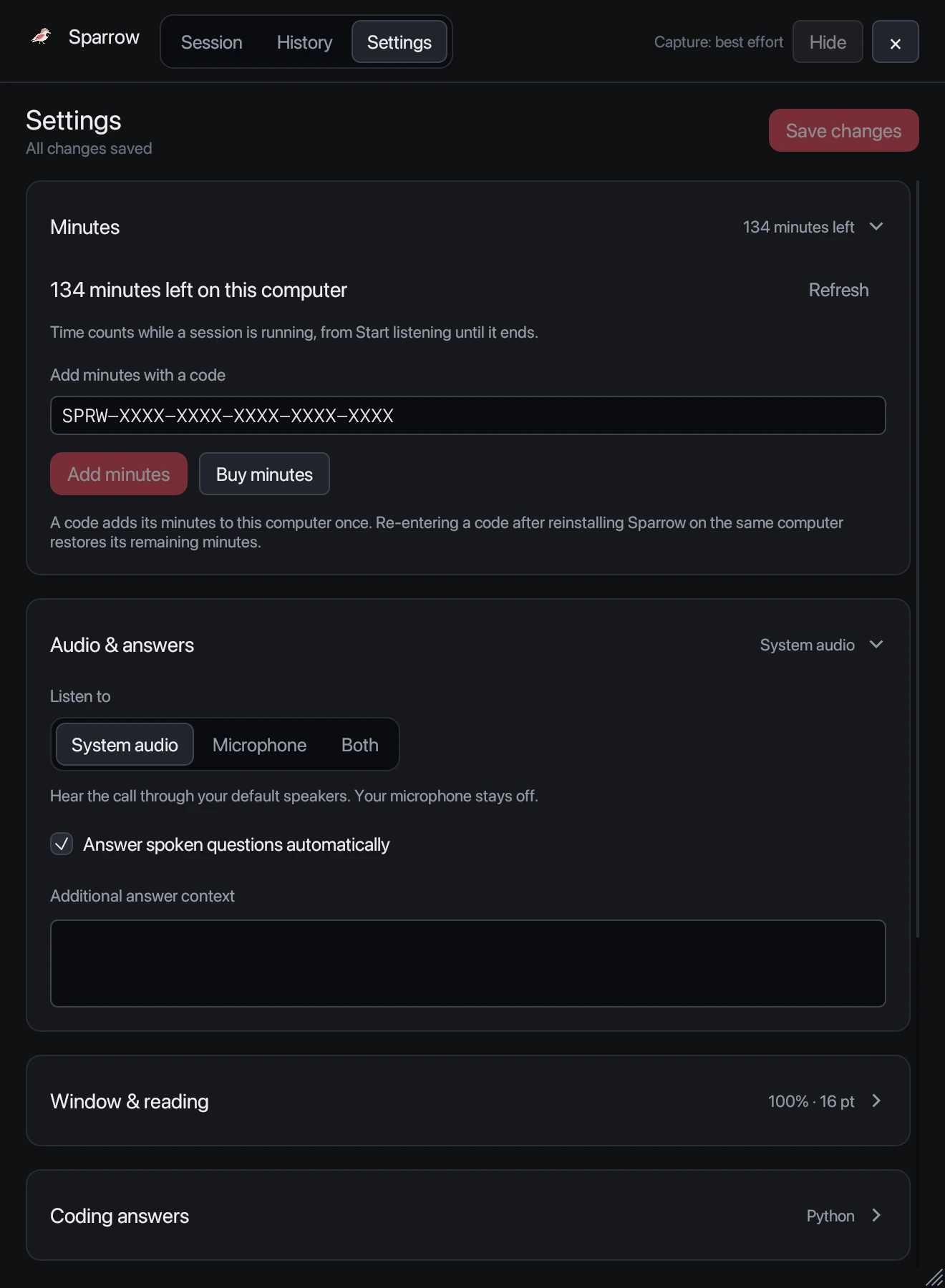 Sparrow Settings, Minutes section with a purchase code field and Add minutes button