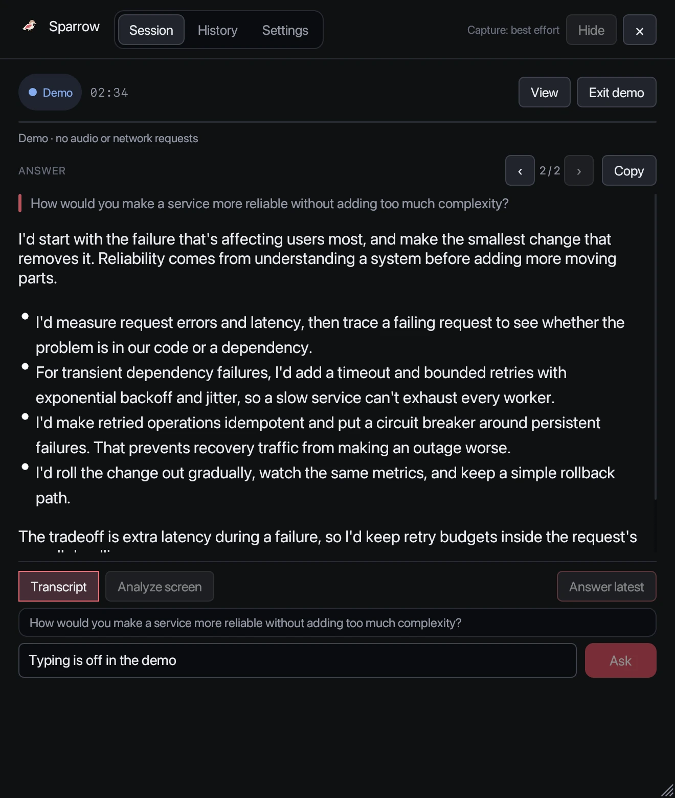 Sparrow with the live transcript open under the answer